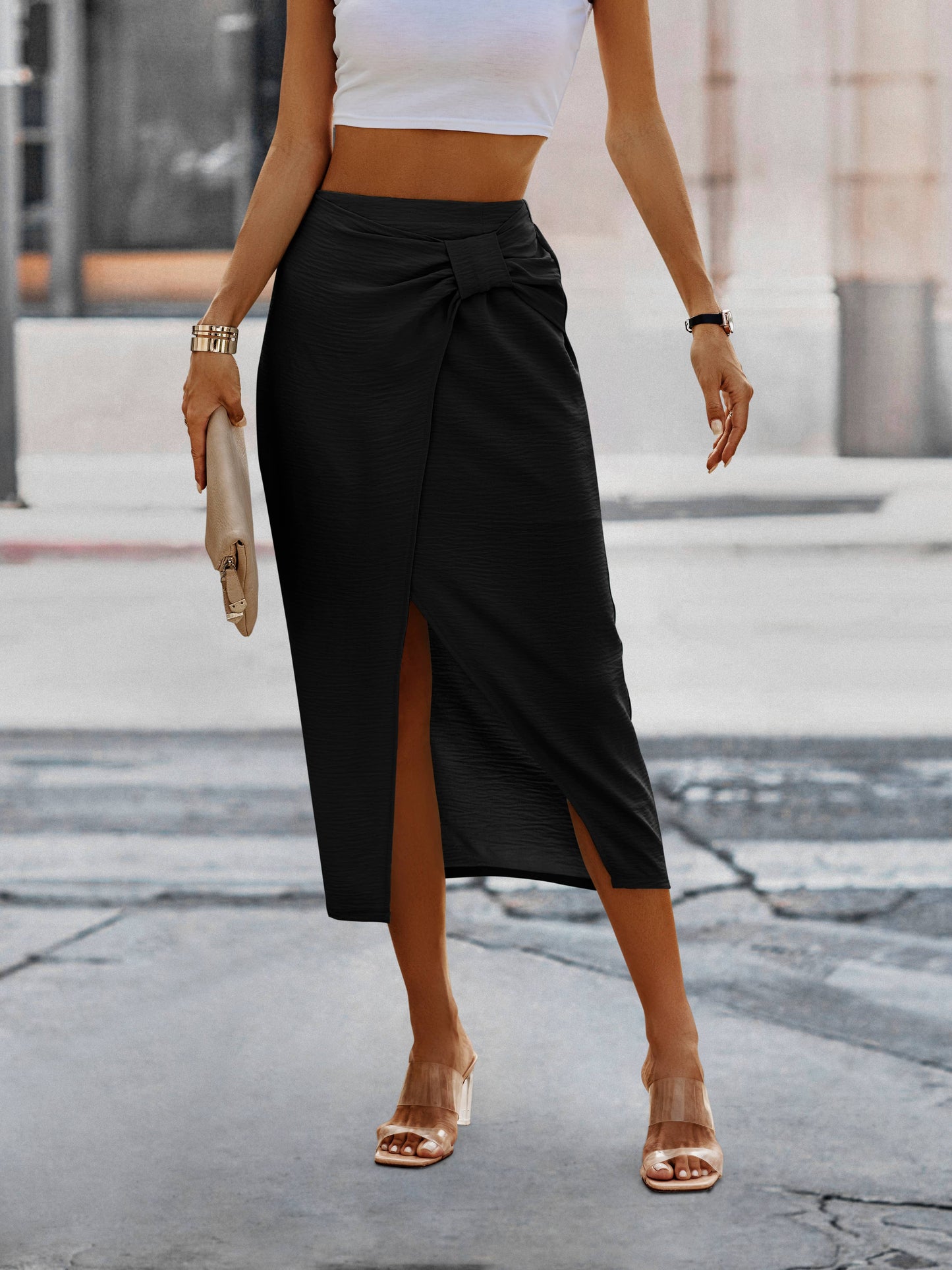 SZ1-SK6025 Front Knot Asymmetrical Tulip Skirt: Clay / M