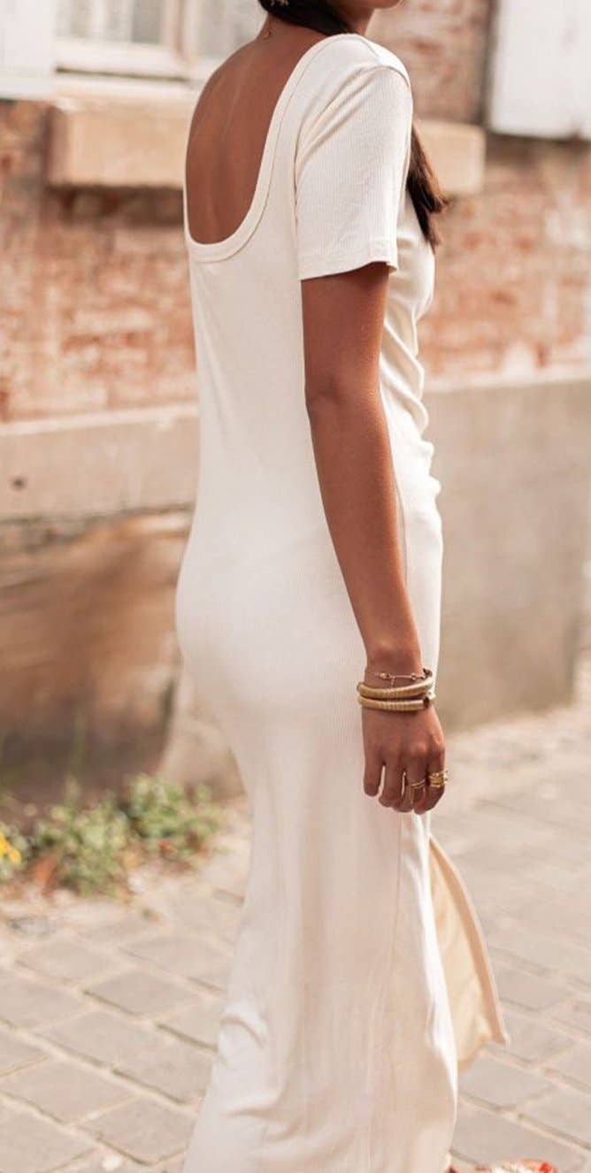 V Neck Ruched Button Front French T-shirt Dress: Beige / L