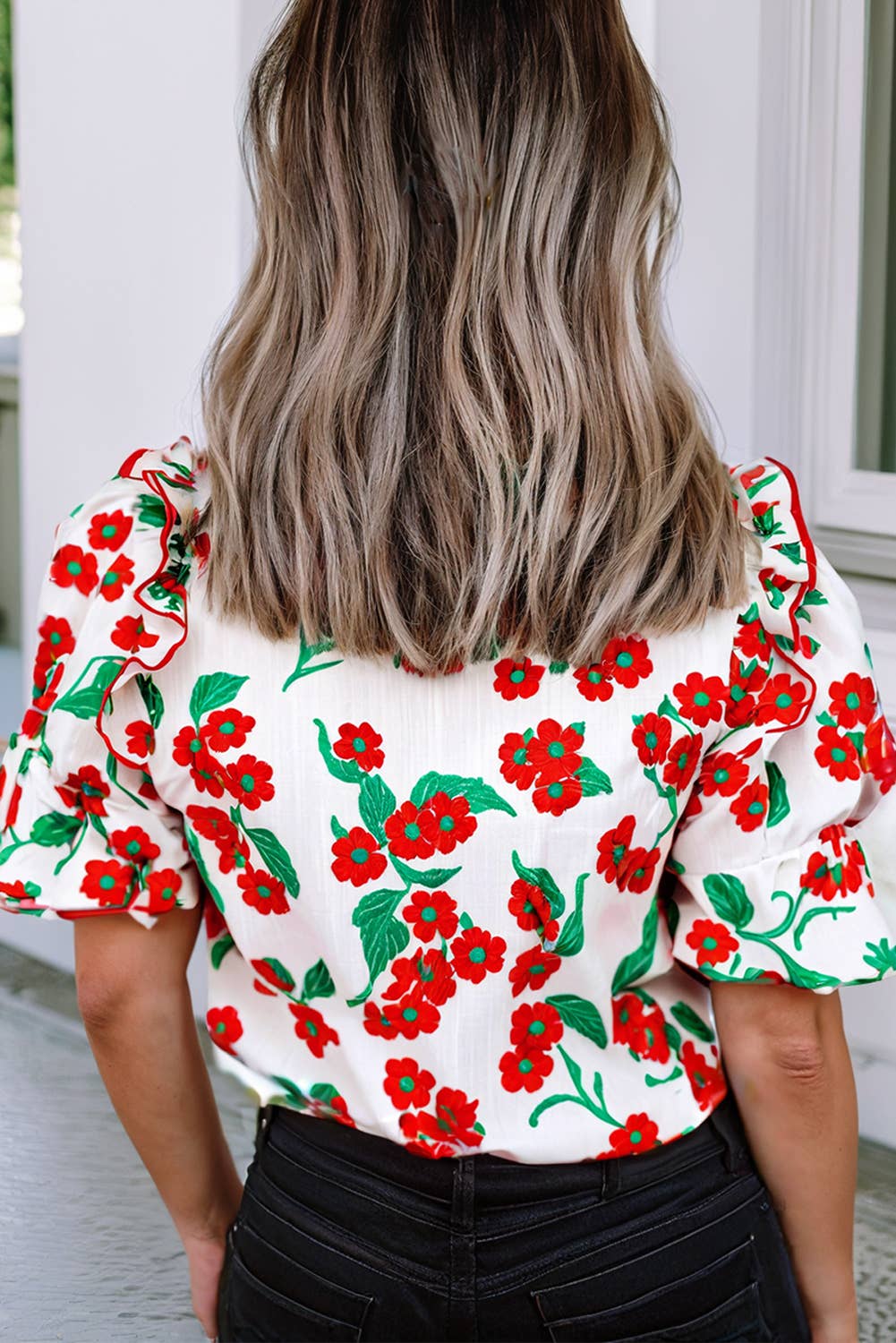LDC Floral Print Ruffled Puff Sleeve Button-up Shirt: Red / S