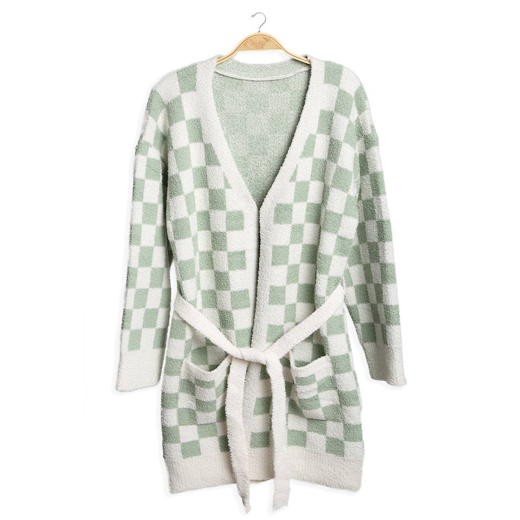 Cozy Checkered Robe with Pocket & Belt : BEIGE / ONE SIZE