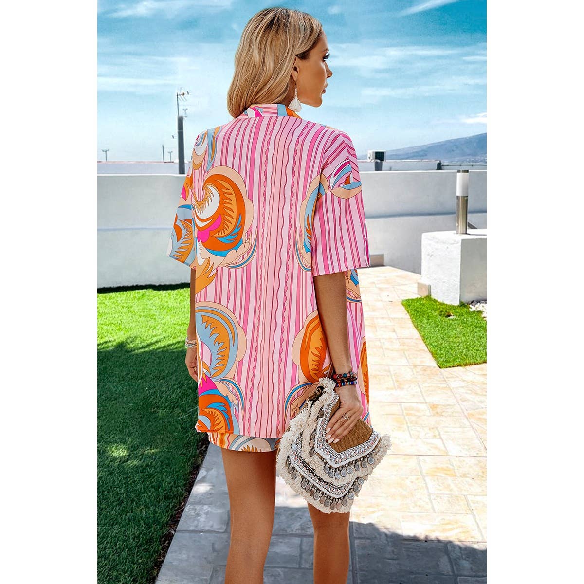 Graphic Print Drop Shoulder Blouse Tie Front Shorts: PINK / XL