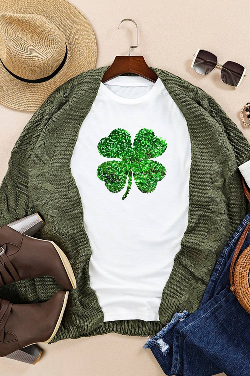 Sequin Clover Patch Graphic St Patrick Tee | S-3XL: White / XL