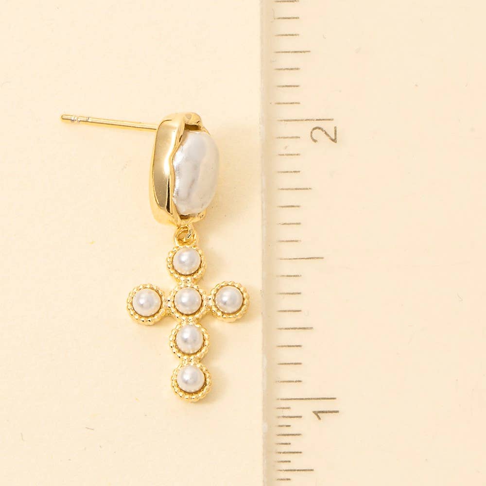 Pearl Studded Cross Dangle Earrings: GDCRM
