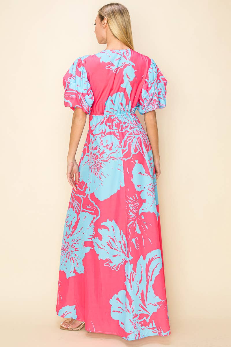 PRINTED V NECK MAXI DRESS WITH POCKETS