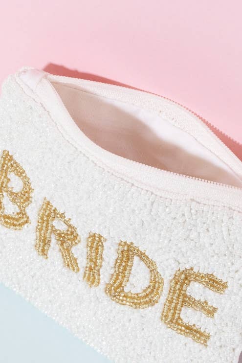Gold Bride Print White Beaded Coin Purse: MULTI