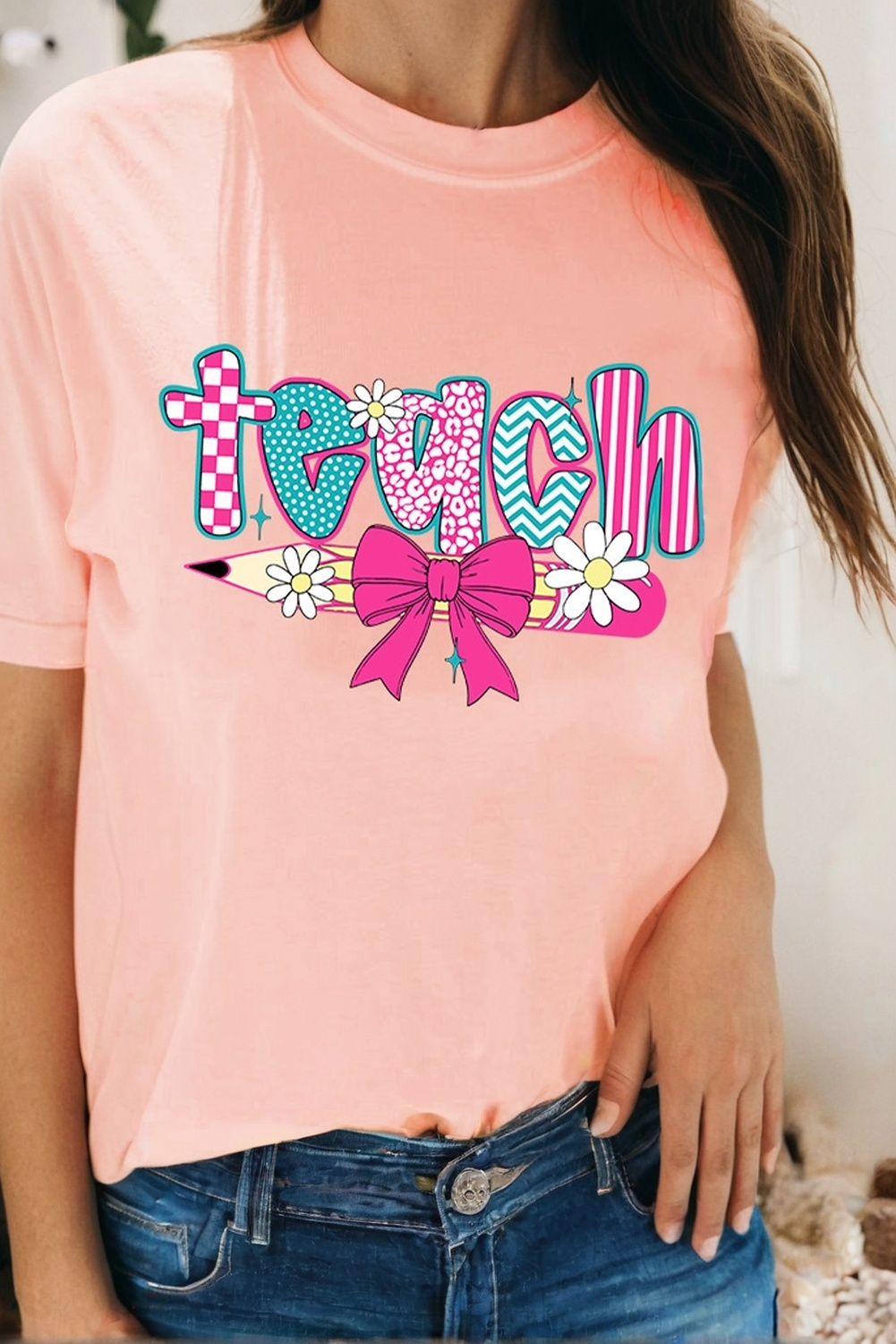 LDC Preppy Retro Checkered Coquette Teach Graphic T-Shirt: Pink / XL