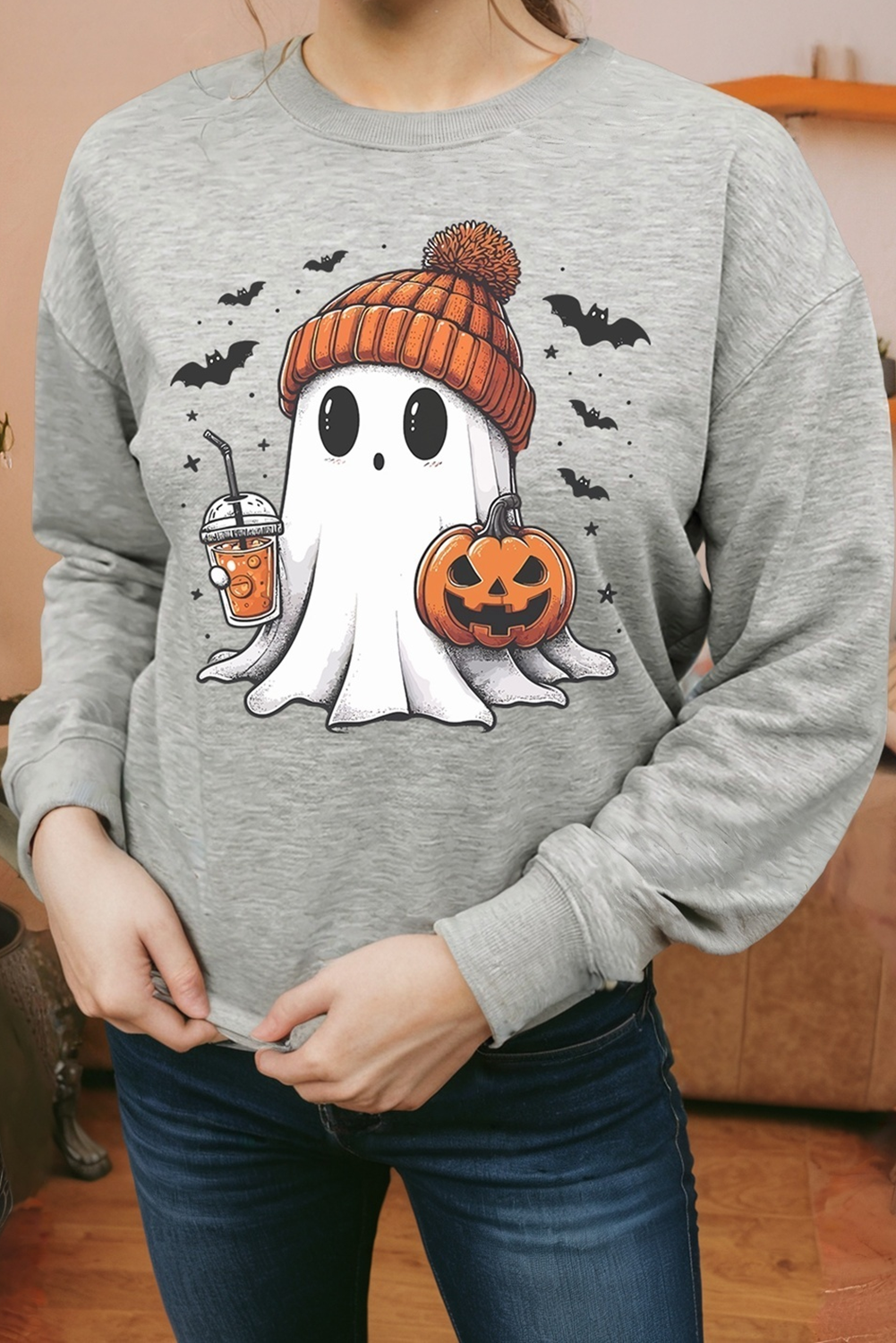 LDC Halloween Ghost Print Crewneck Drop Shoulder Sweatshirt: Gray / M