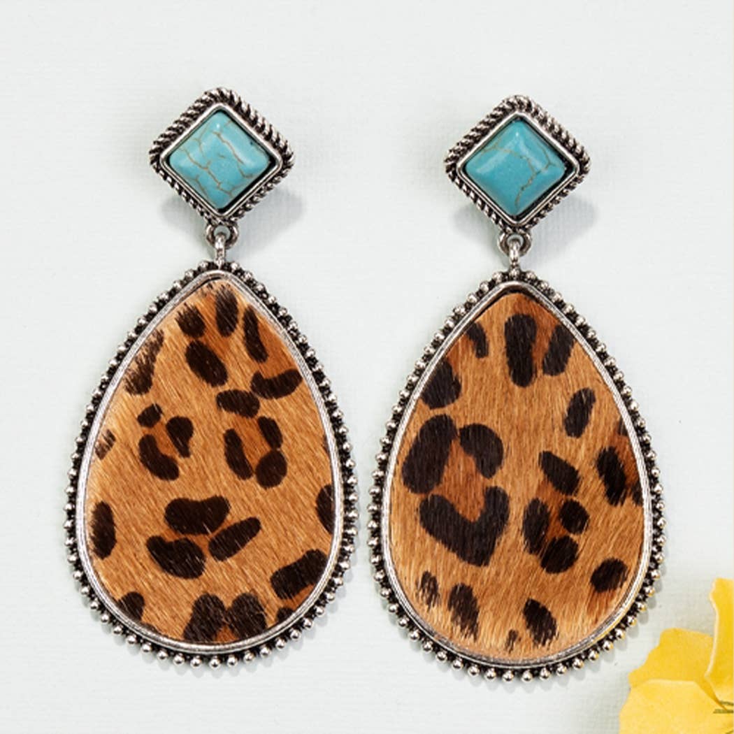 Turquoise Animal Hide Earrings: BROWN AND COPPER