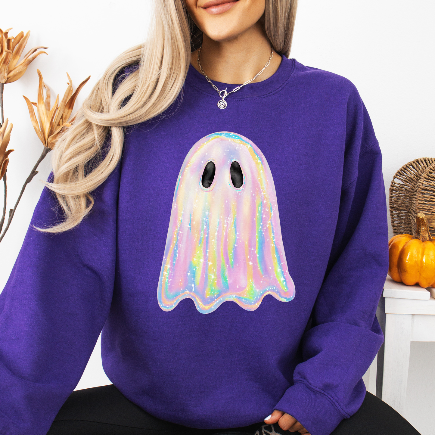 Shimmering Ghost, Iridescent Ghost Halloween Sweatshirt: Heliconia Bright Pink / XL