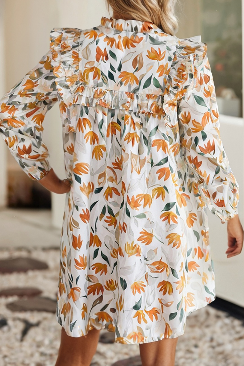 LDC Floral Print Tie Neck Frilled Detail Long Sleeve Dress: Yellow / M