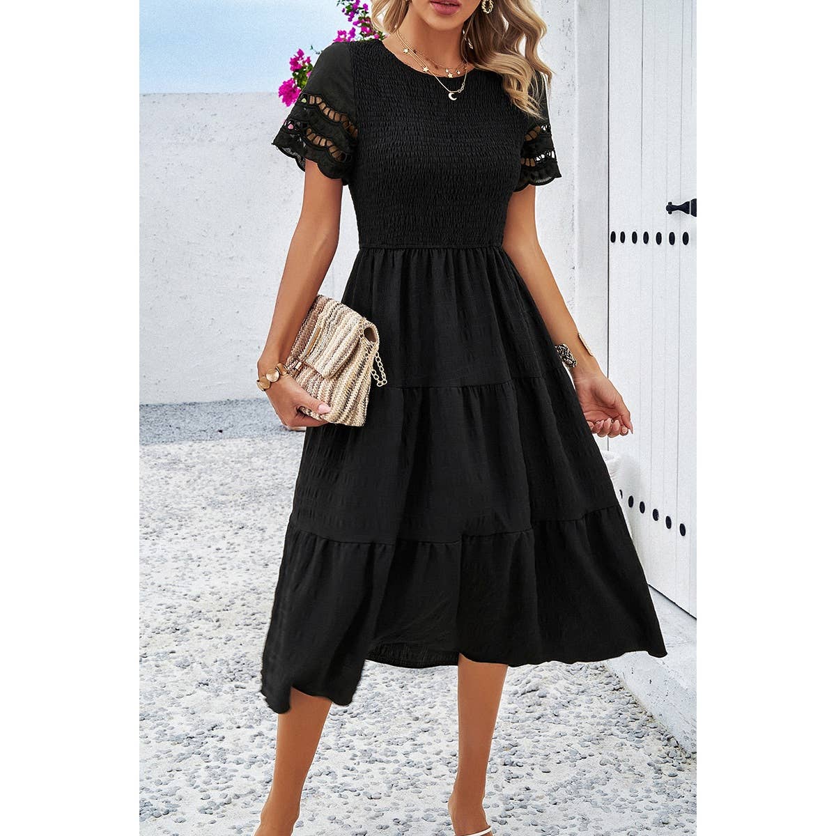 Lace Round Neck Ruched Fit Ruffle Solid Dress: WHITE / S