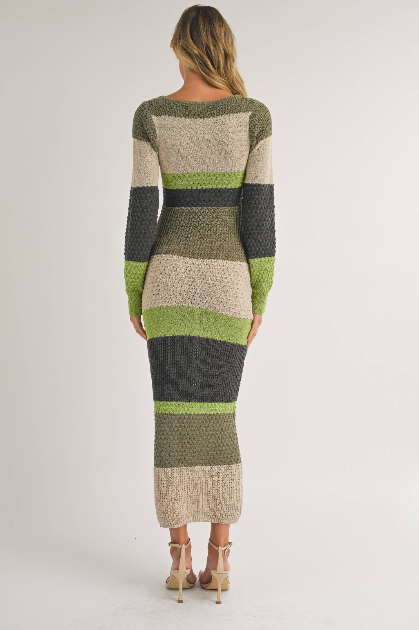 ID7261 - LONG SLEEVE COLORBLOCK SWEATER BODYCON MIDI DRESS: BROWN MULTI / L
