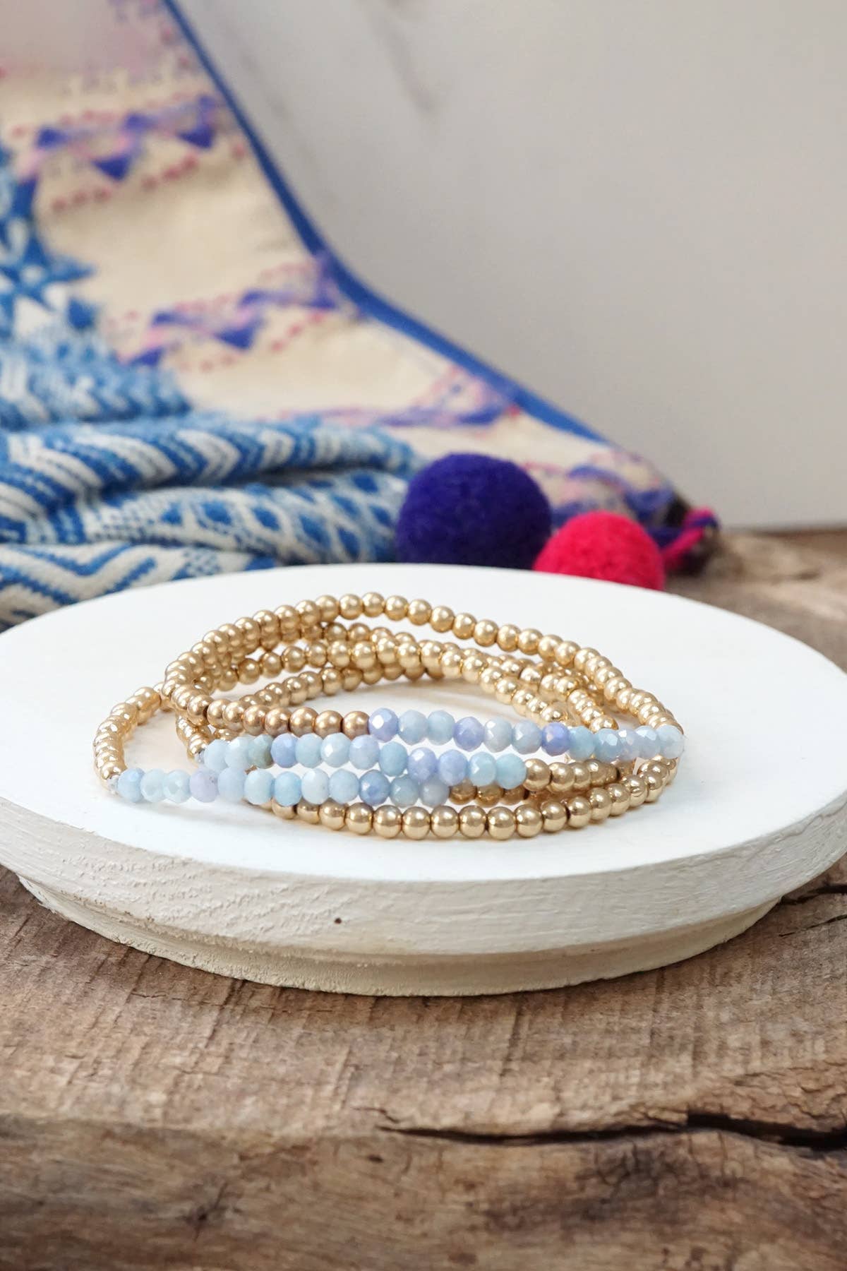 Bracelet stack Small Worn Gold Glass beads Pink Mint Denim: Beige