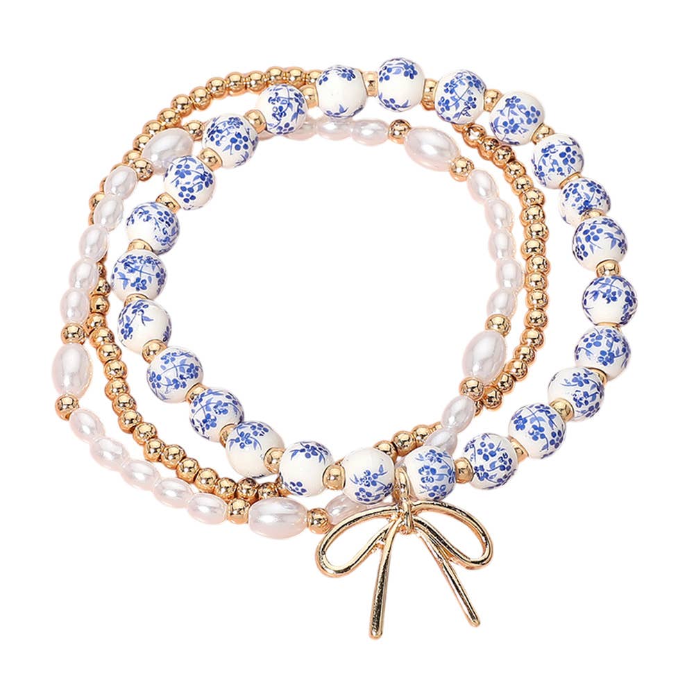 3PCS - Metal Bow Charm Pointed Ceramic Ball Pearl Bracelets