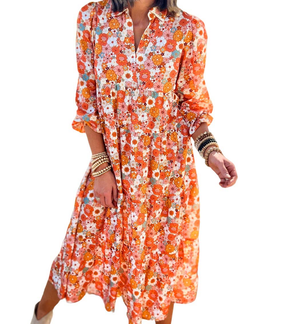 Boho Floral Collared Long Sleeve Ruffled Dress: MULTI / L