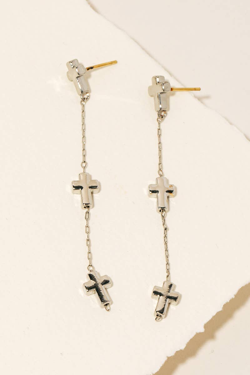 Triple Cross Charms Chain Dangle Earrings: GD