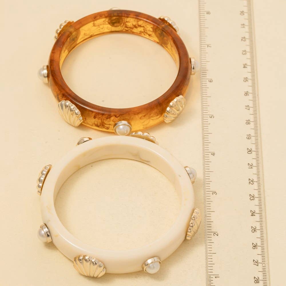 Pearl And Shell Stud Marble Resin Bangle Bracelet Set: MULTI