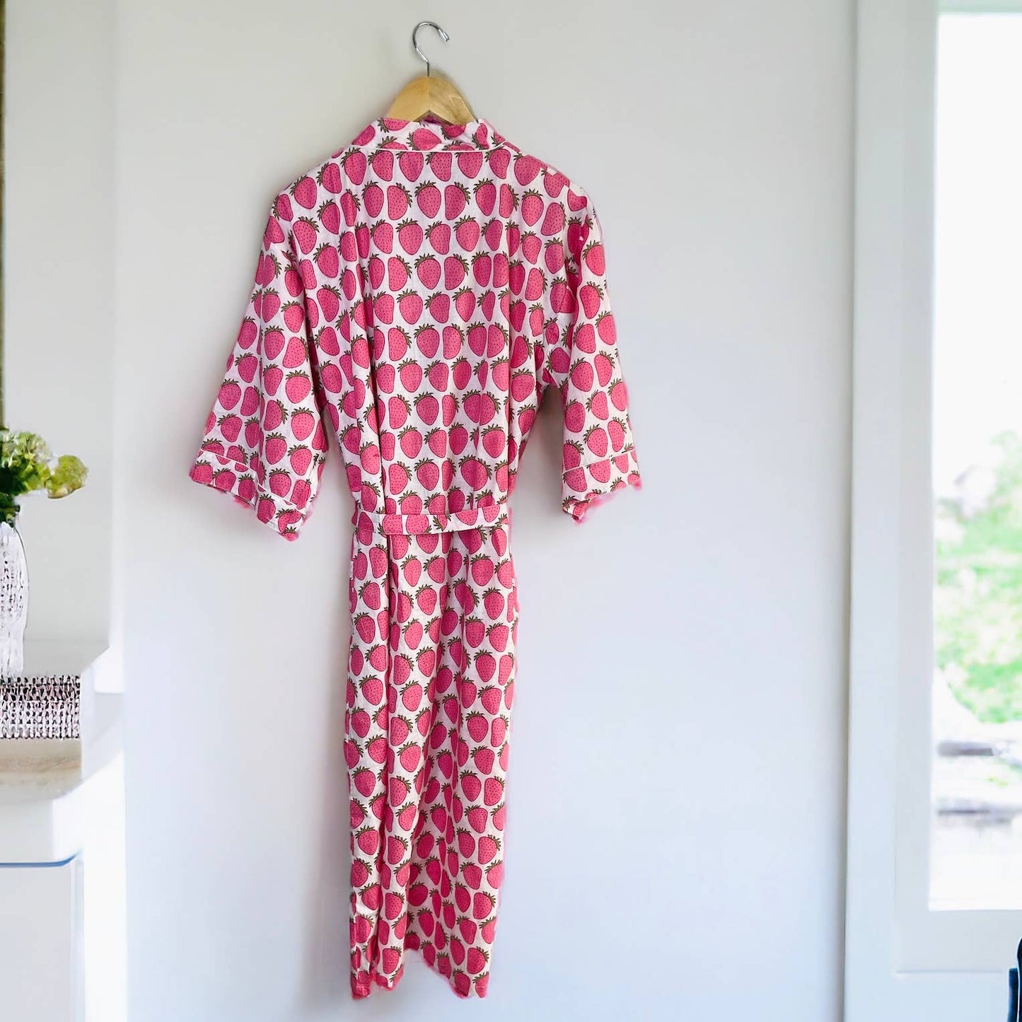 Women's Cotton Kimono Robe | Block Printed | Strawberry