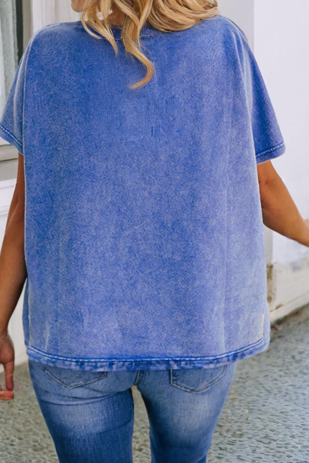 LDC USA Patch Mineral Wash Notch V Neck Loose T Shirt: Sky Blue / M