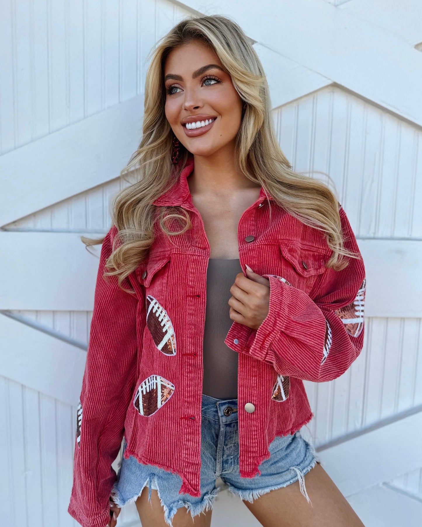Red Corduroy Sequin Football Cropped Jacket: X-Large