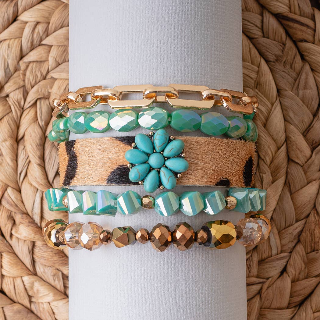 Leopard and Crystal Stacked Bracelets: Beige
