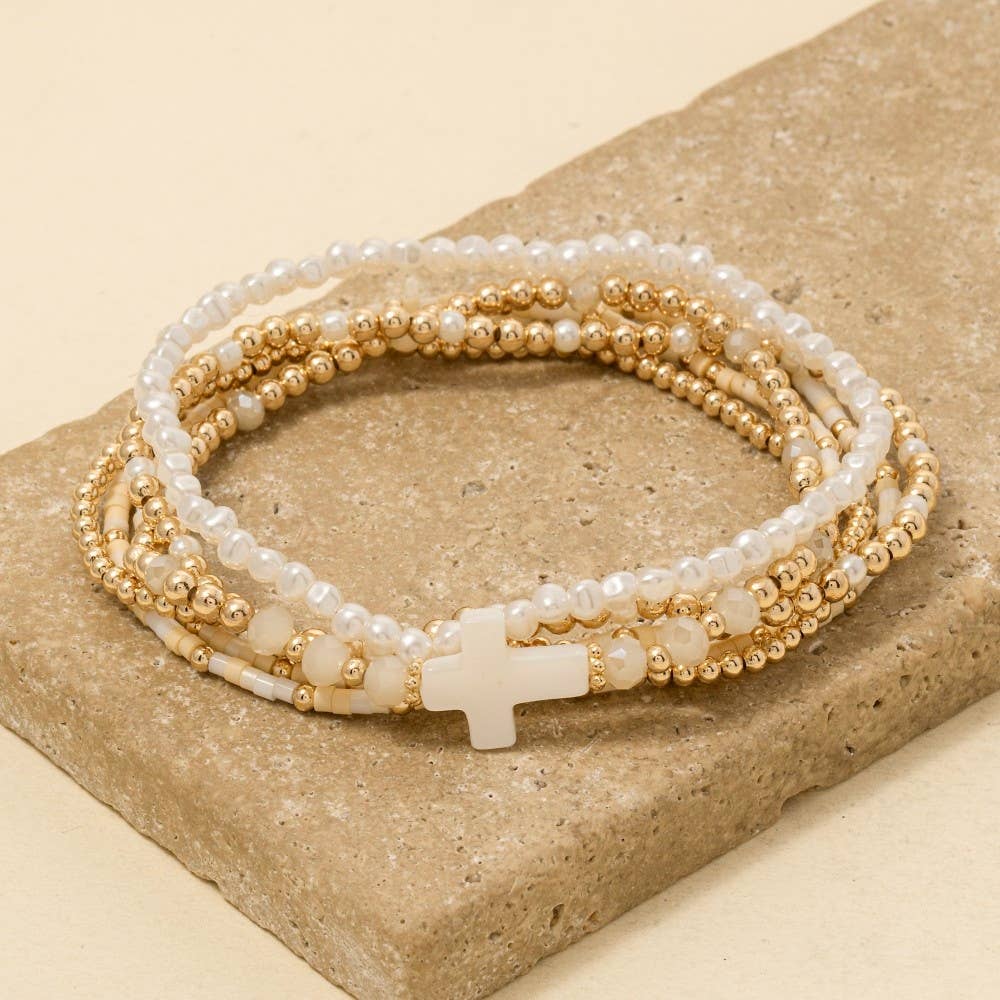 Sea Shell Cross Charm Mixed Mini Beaded Bracelet Set: MINT