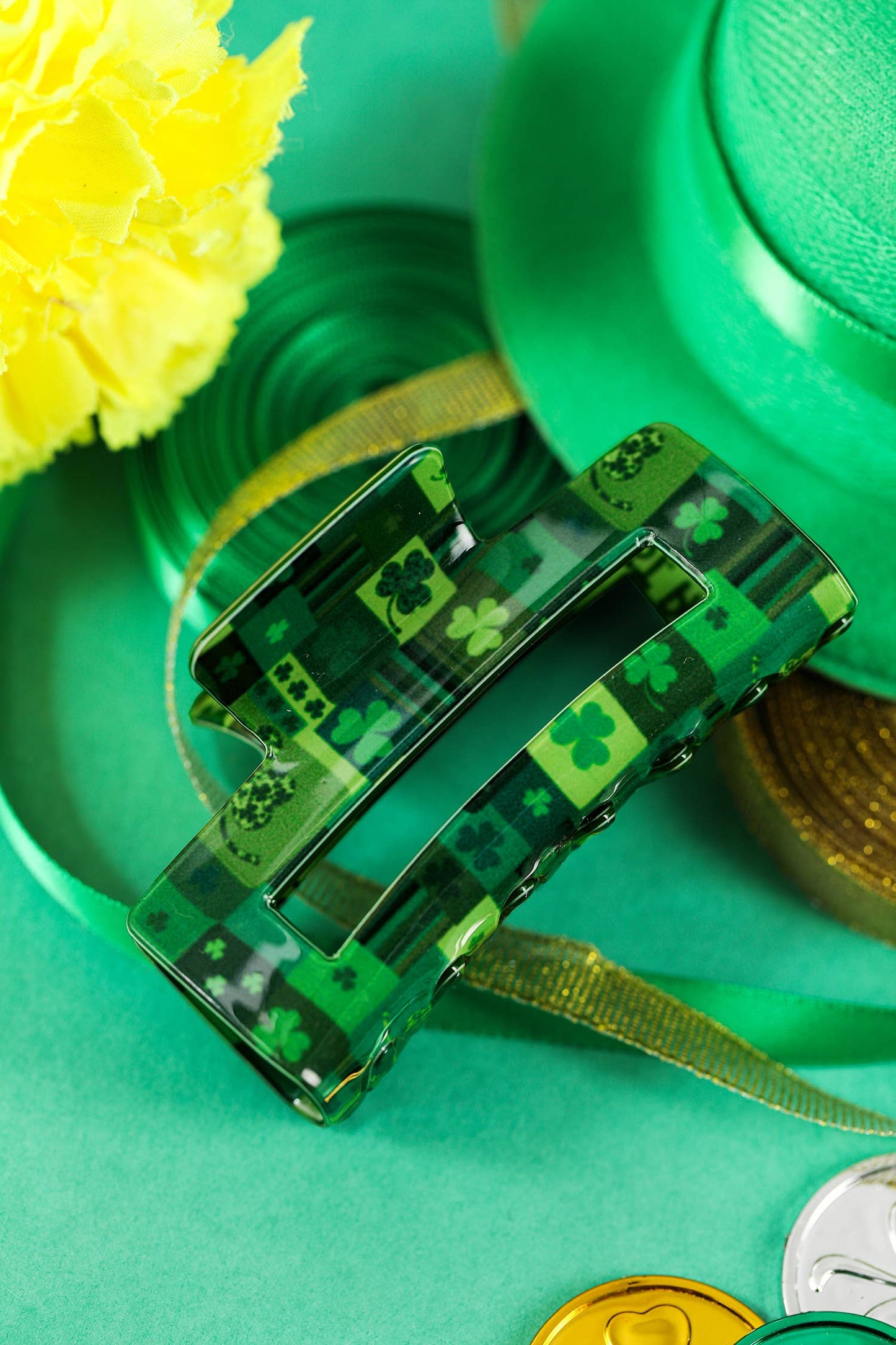 St Patricks Day Clover Square Hair Claw Clip: Dark Green / ONE SIZE