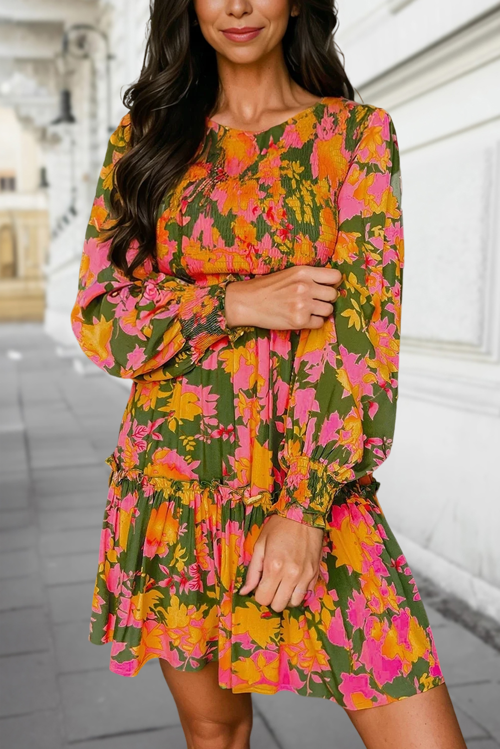 Floral Long Sleeve Smocked Ruffled Mini Dress | S-XL: Multicolour / XL