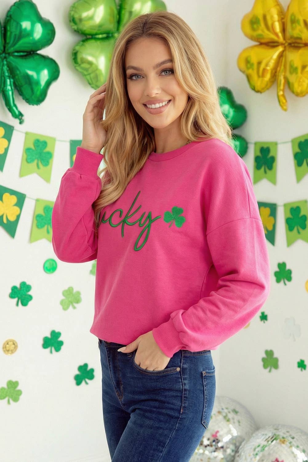 St. Patrick Lucky Clover Embroidered Pullover Sweatshirt: Rose Red / XL