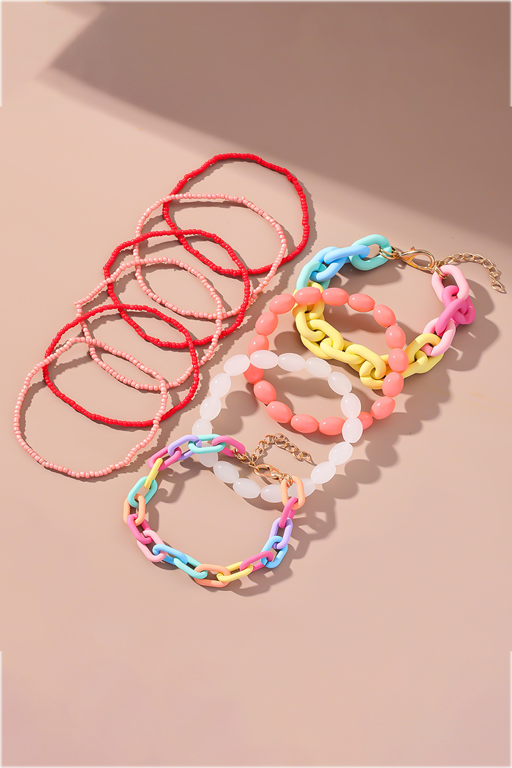 LDC Colorful Beaded Chain Link Layered Bracelet Set: Pink