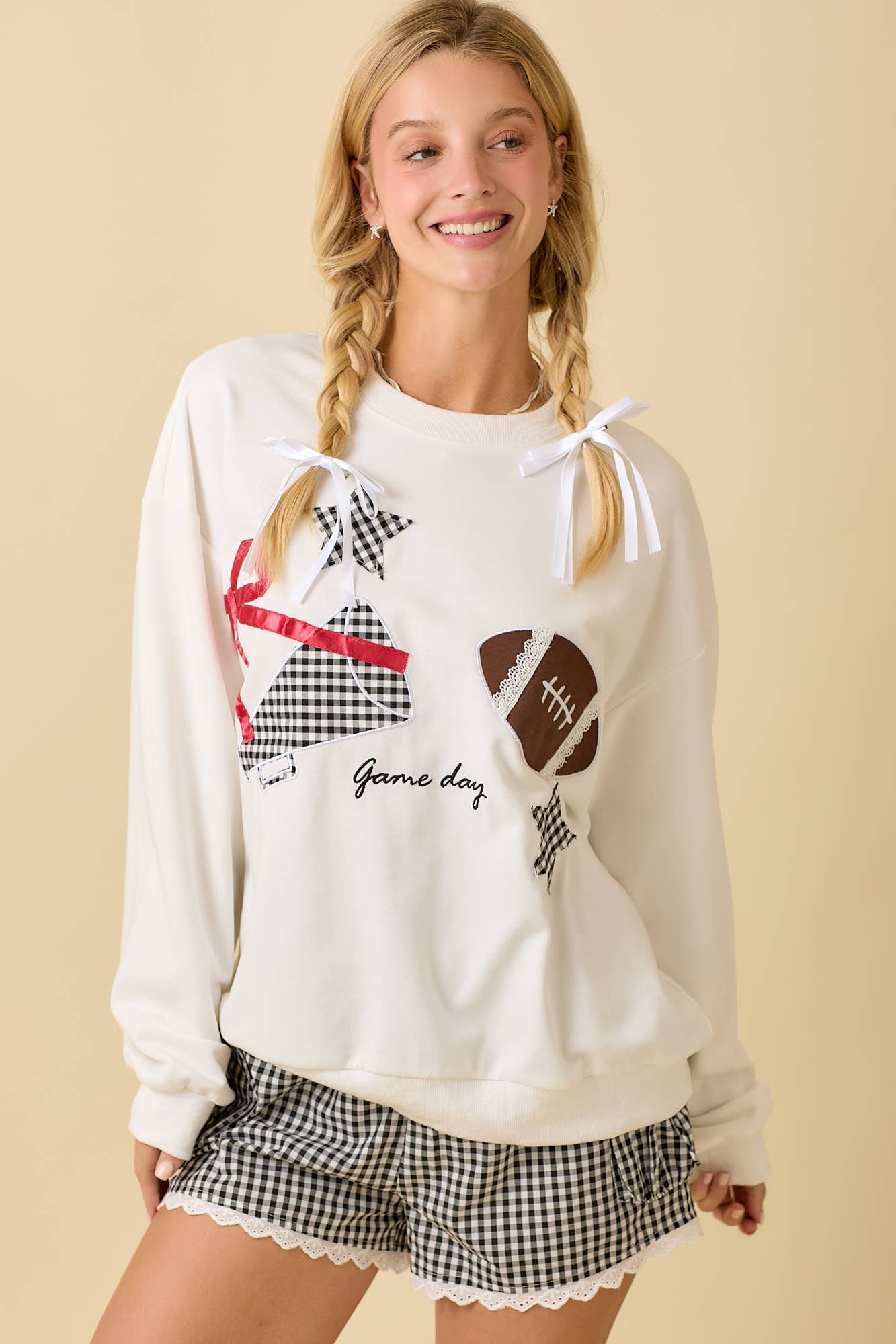 Football Game Day Patchwork Long Sleeve Crewneck Top: WHITE / M