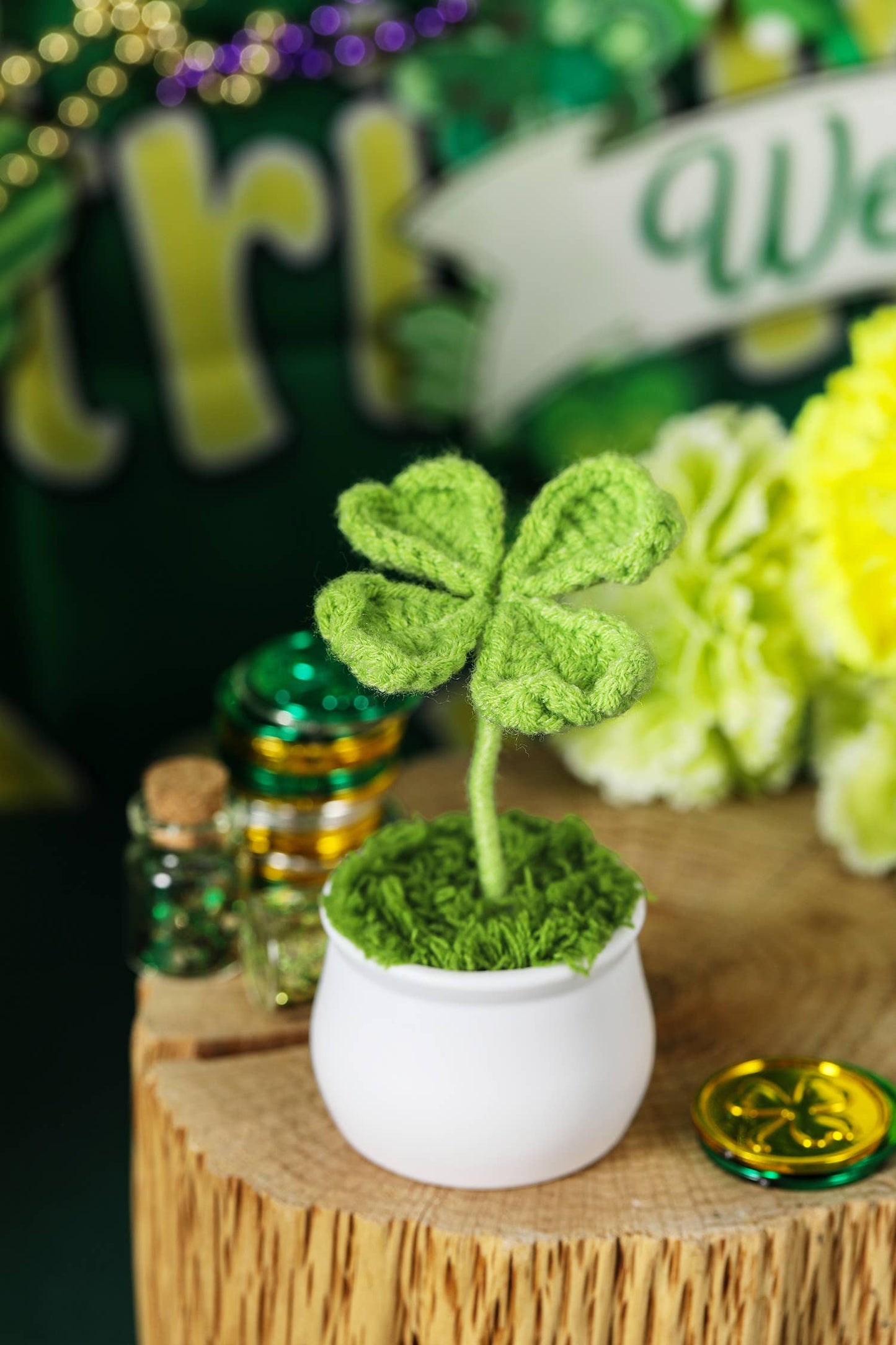 Handmade Crochet Four Leaf Clover Potted Plant Decoration: Light Green / ONE SIZE