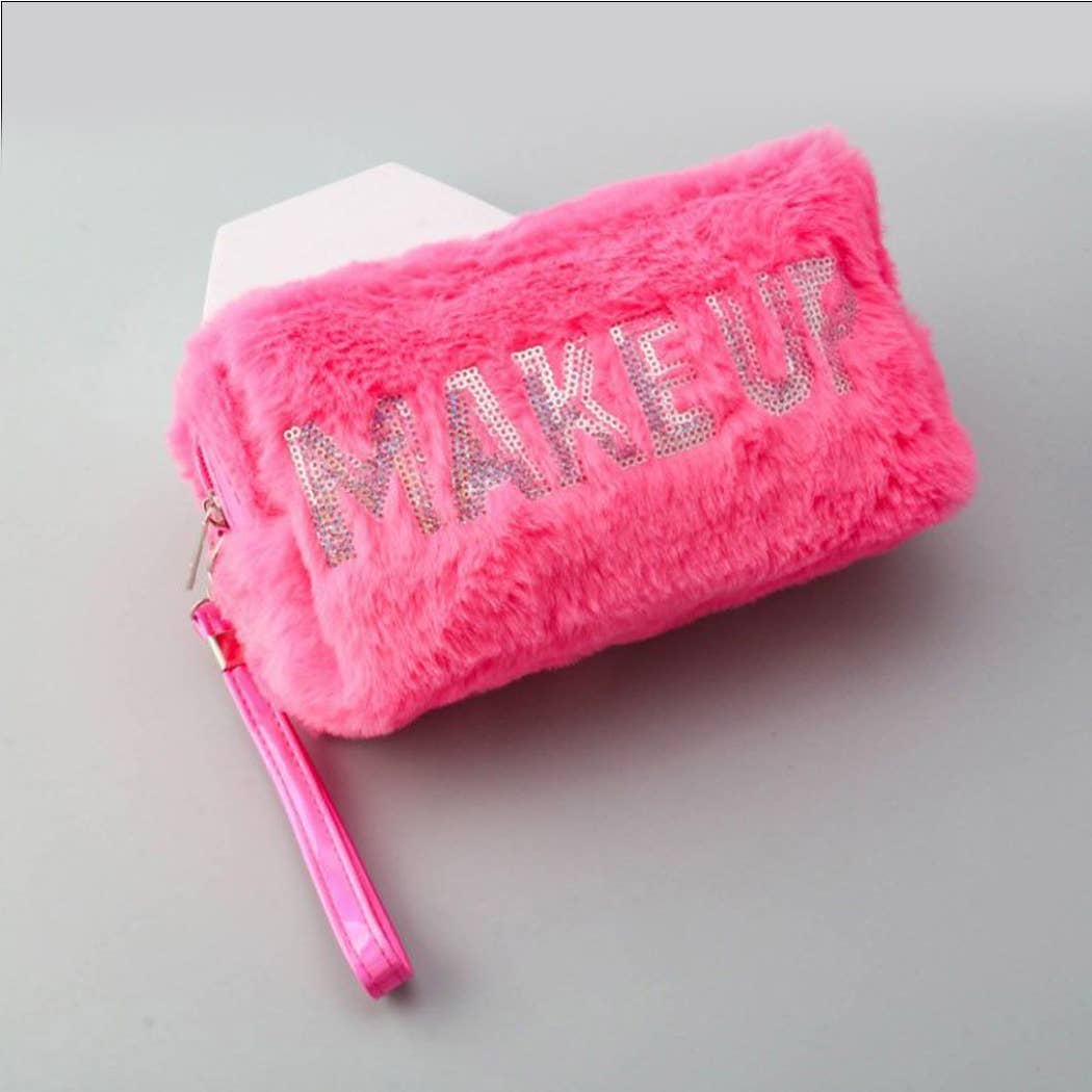 Make Up Letter Decorated Furry Cosmetic Bag: Pink / ONE SIZE