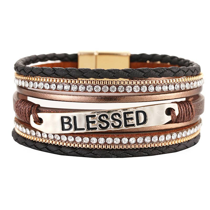 BLESSED Multi-Layer Leather Bracelet Magnetic Buckle Bangle: Apricot