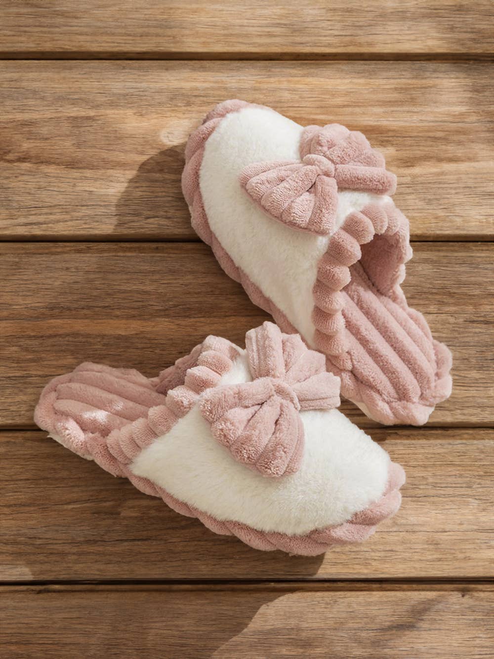 Valentine's day Bow Decor Color Block Ribbed Plush Slippers: Peach Blossom / (US 8.5)40
