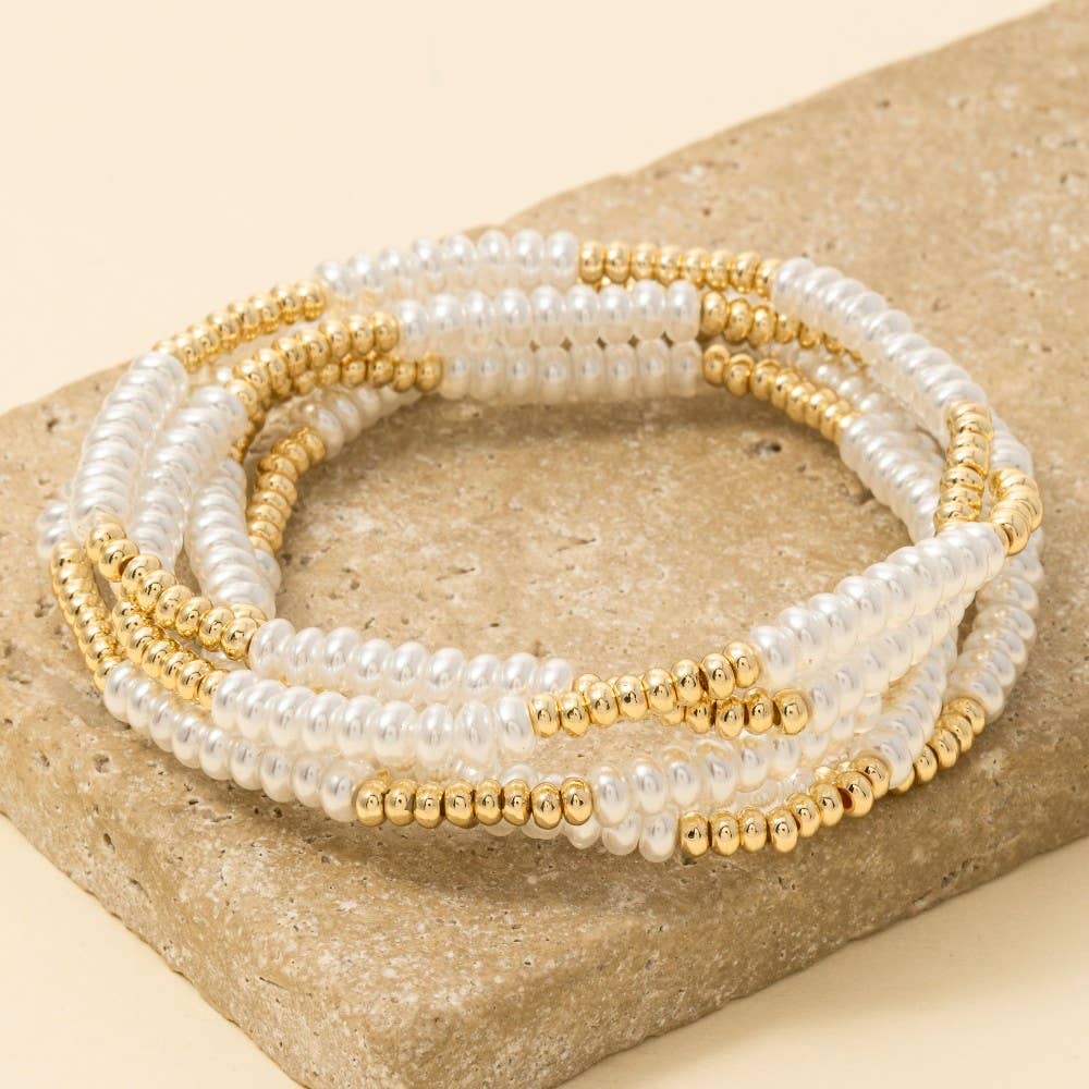 Acrylic Pearl And Metallic Beaded Bracelet Set: GGM