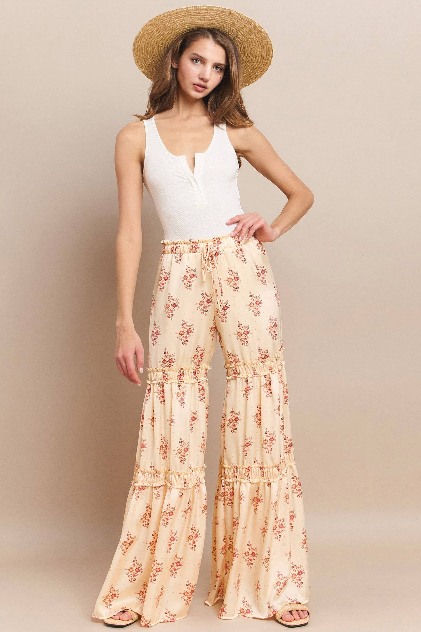 SATEEN FLORAL PRINT TIERED PALAZZO PANTS W2373PB BEIGE : Beige / L