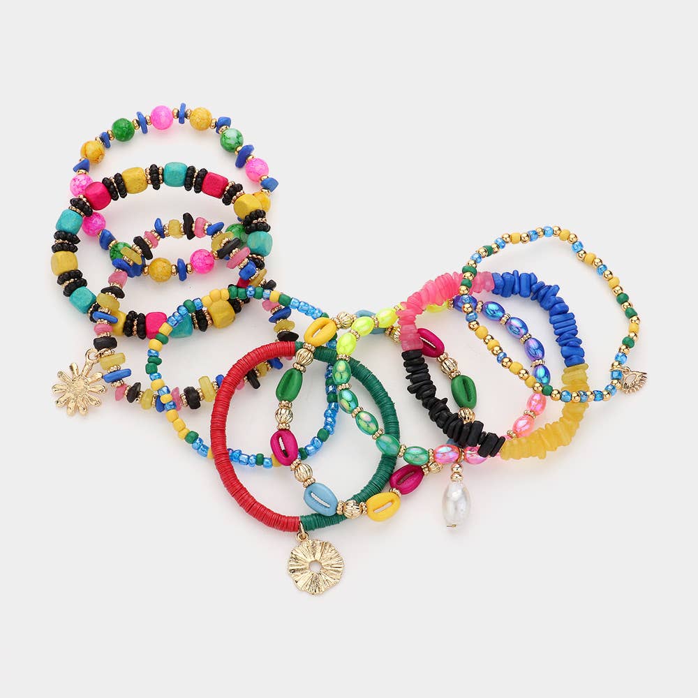 9PCS Metal Flower Shell Pearl Multi Beads Layered Bracelets