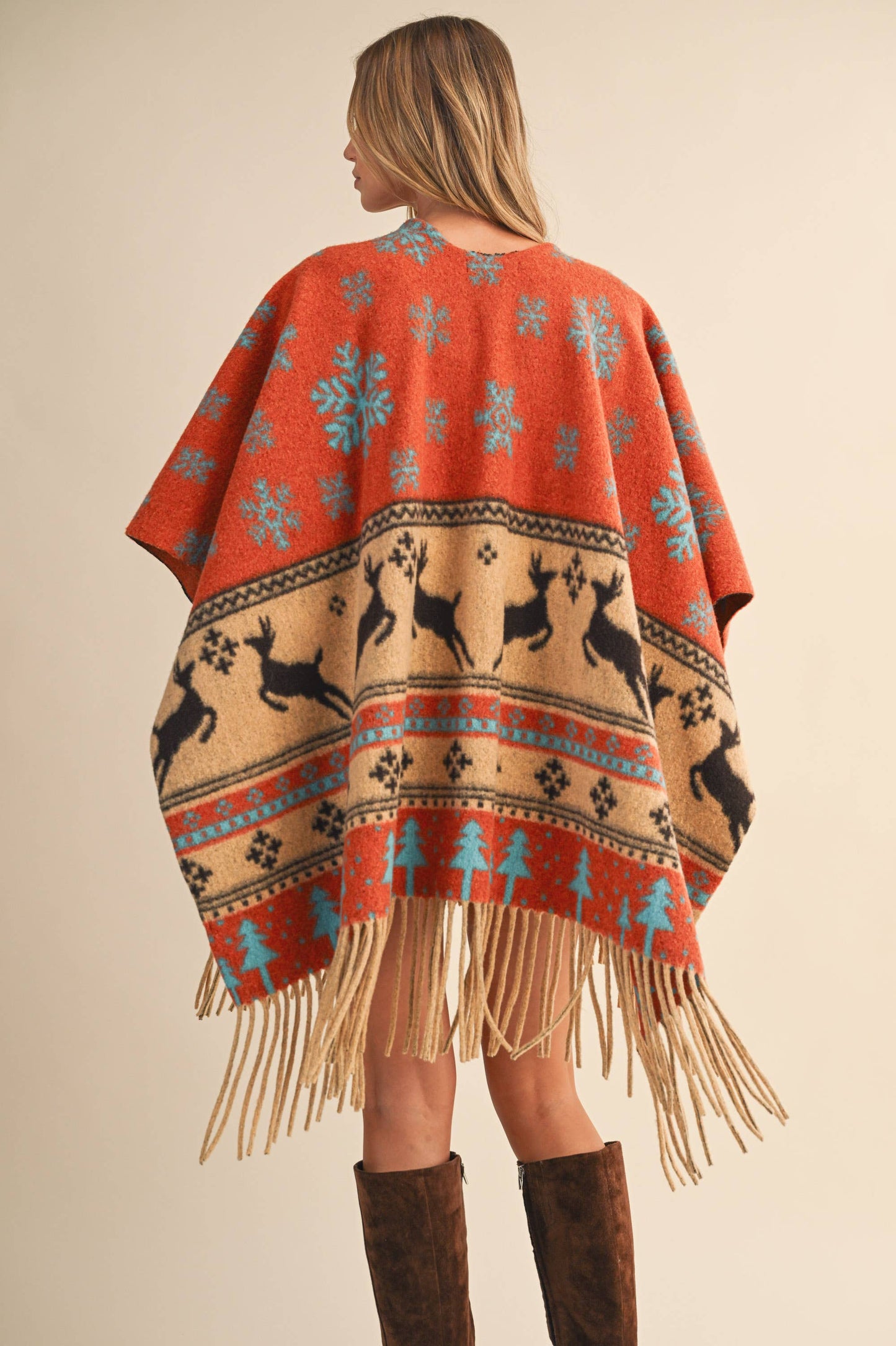 IJ1662 PRINTED FRINGED OVERSIZED CAPE: RUST / One Size