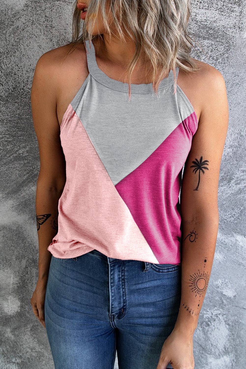 Geometric Color Block Sleeveless Top: Beige / L