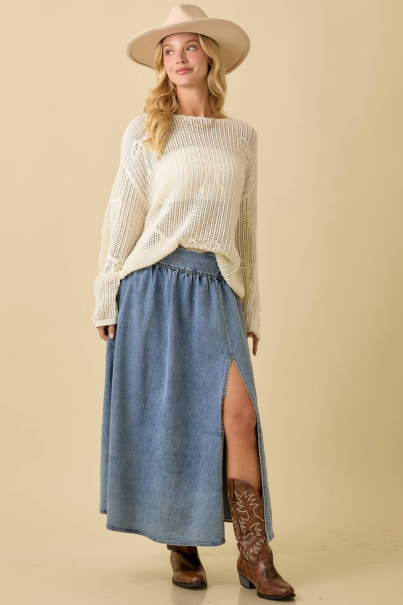 Midi Denim Skirt With Center Thigh Slit: DENIM / M