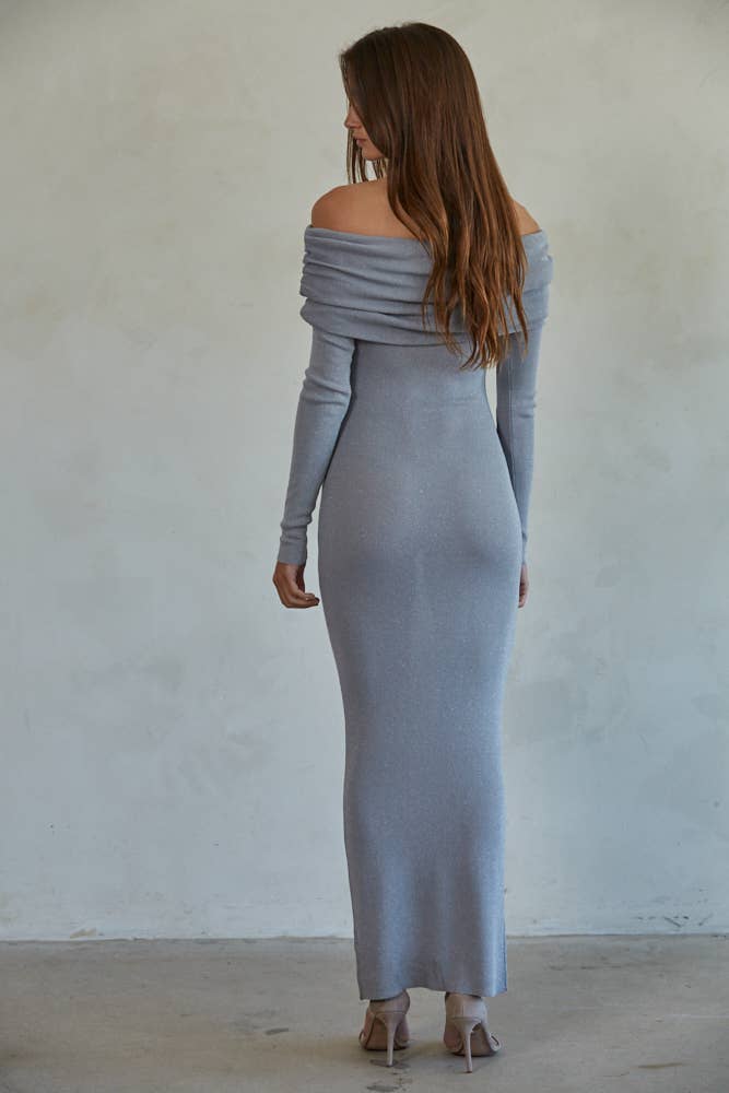 W1727 | Knit Sweater Viscose Lurex Off Shoulder Maxi Dress: Silver / S