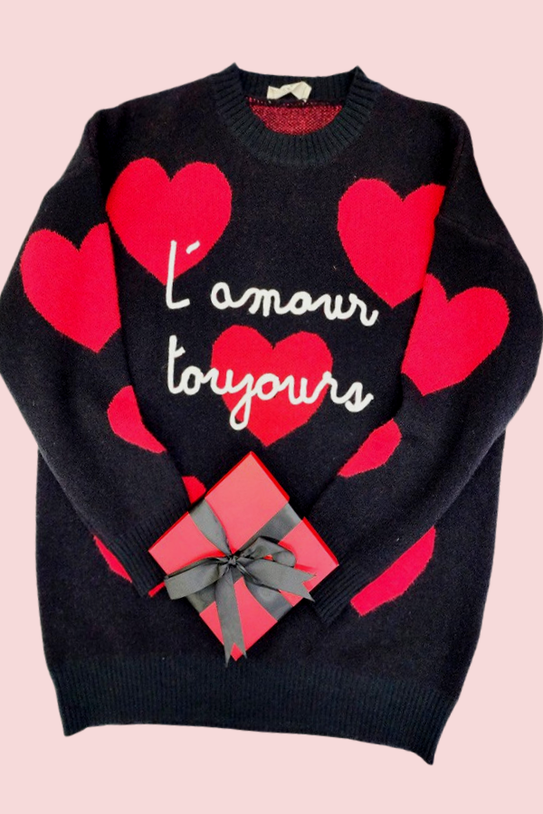 VALENTINE'S HEART PRINT OVERSIZED SWEATER: S/M