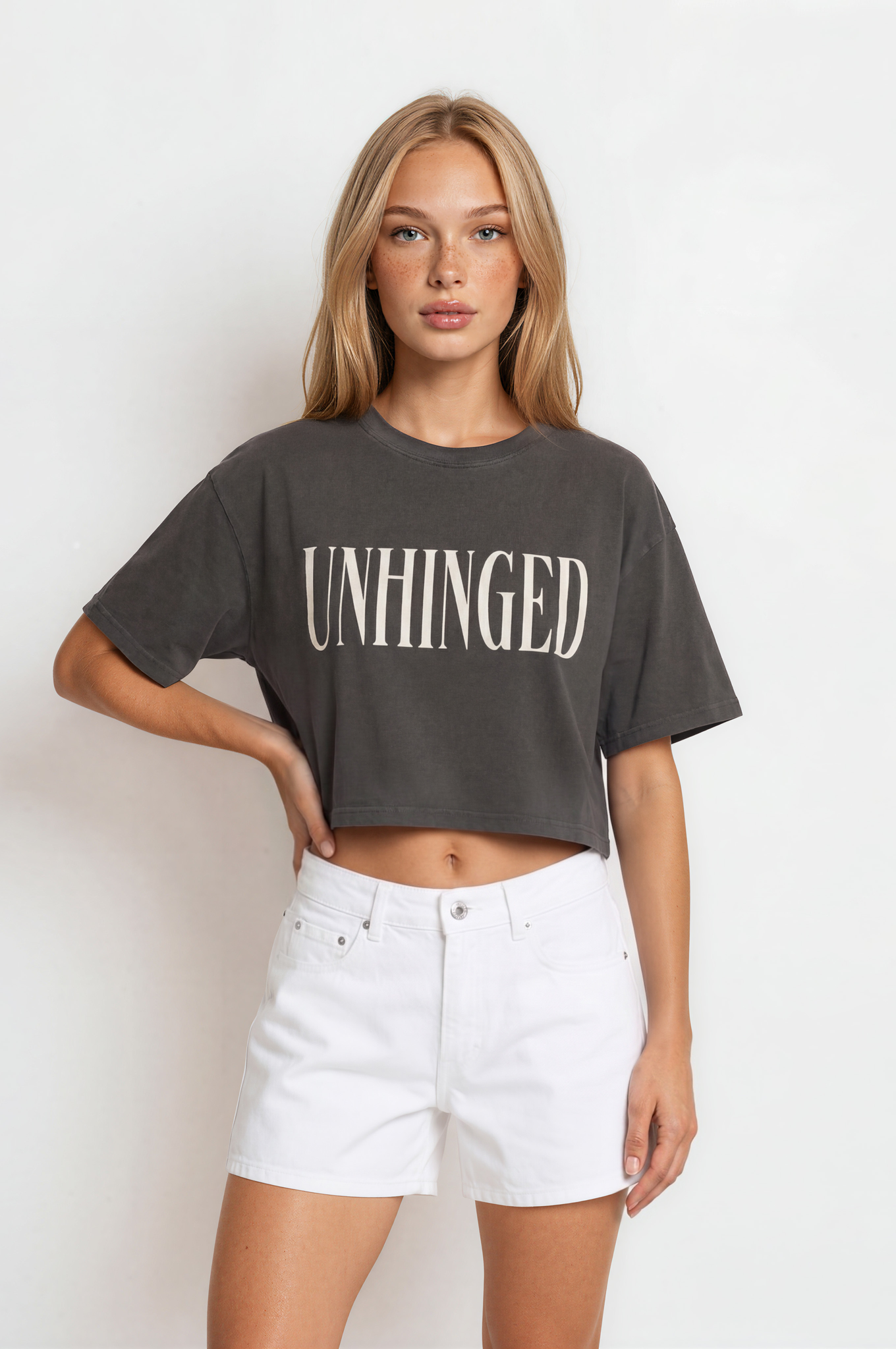 Unhinged Garment Dye Crop Tee: Pepper / M