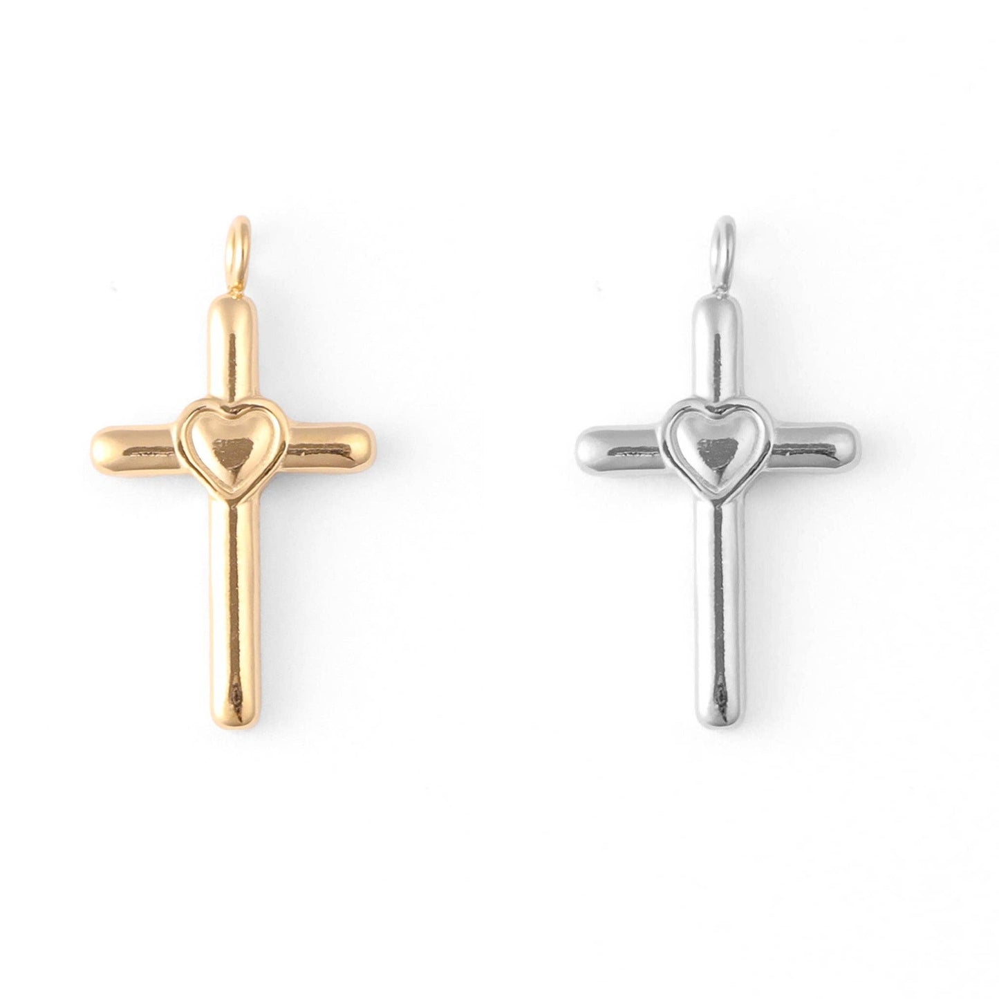 18K Gold PVD Stainless Steel Heart in Cross Charm: Gold