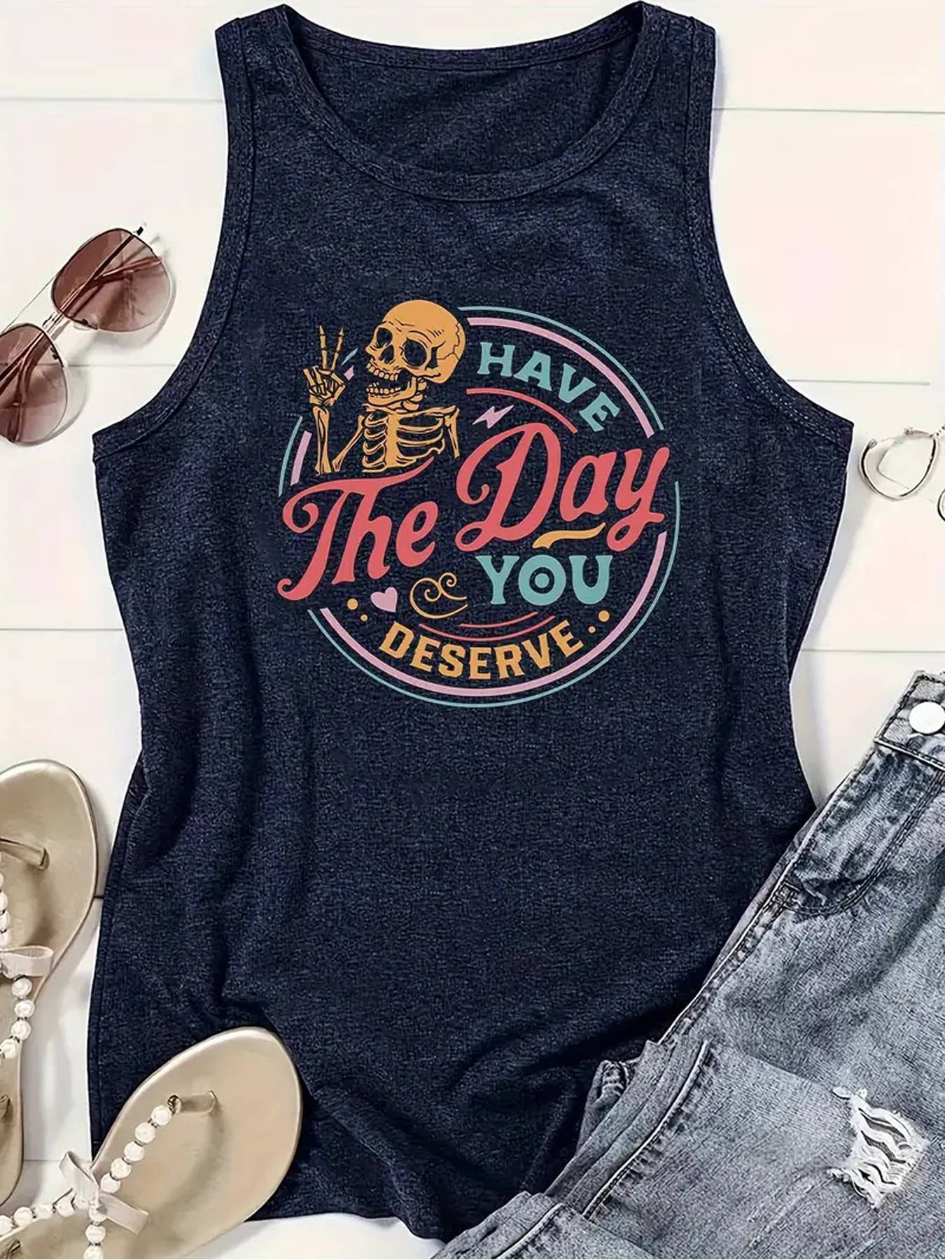 Skull & Letter printed graphic essential tank top: Navy / XL