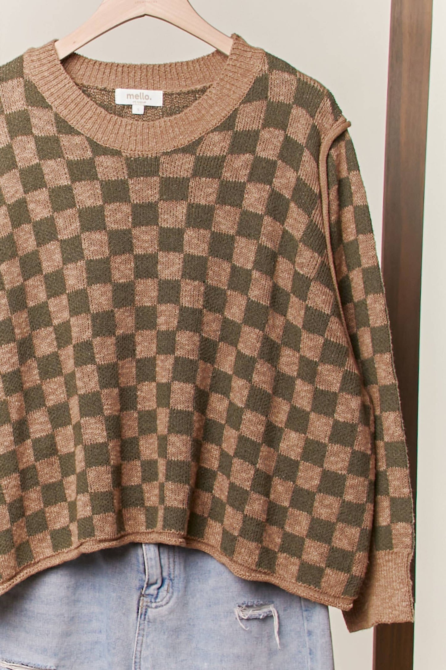 Checker Knit Sweater: Olive / M