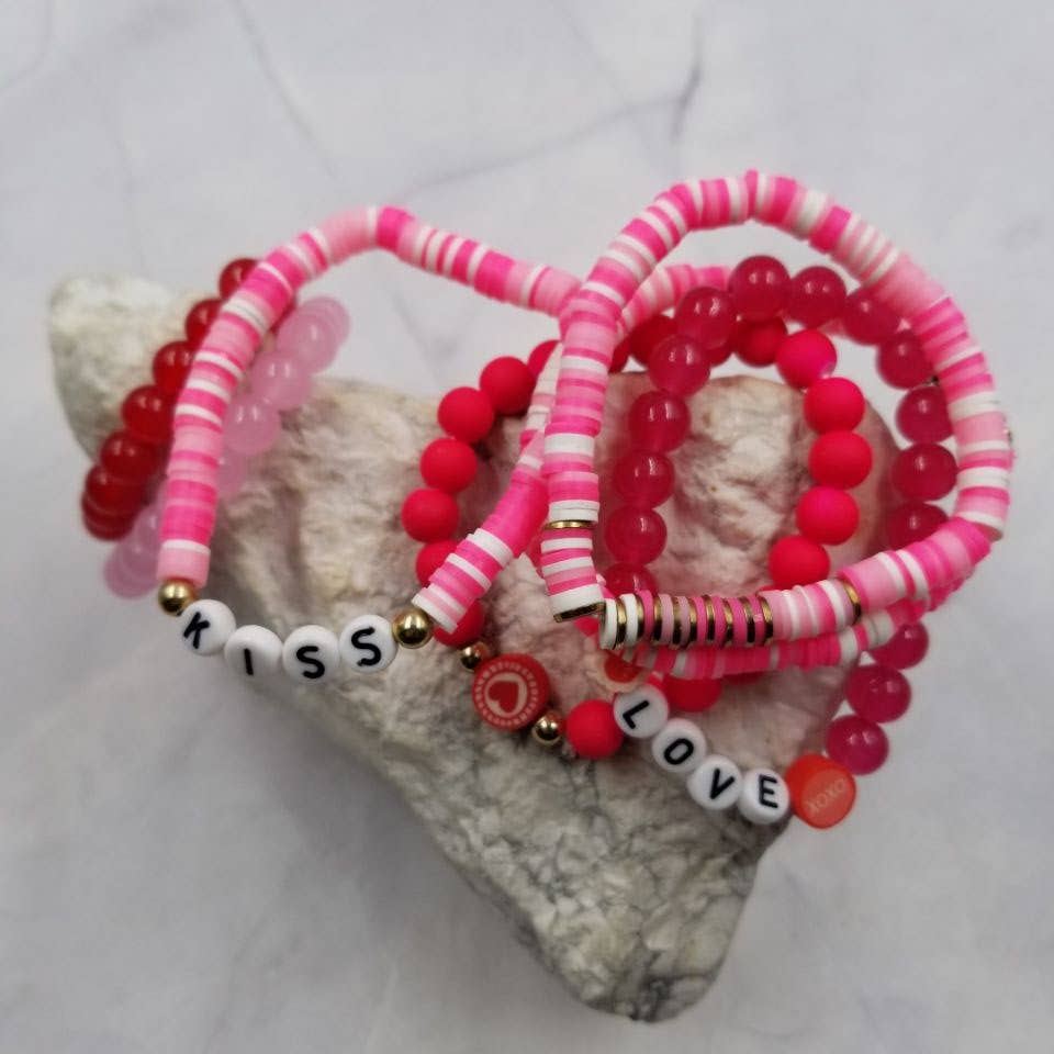 Valentine's Day KISS LOVE Heishi Bracelet - Set Of 7