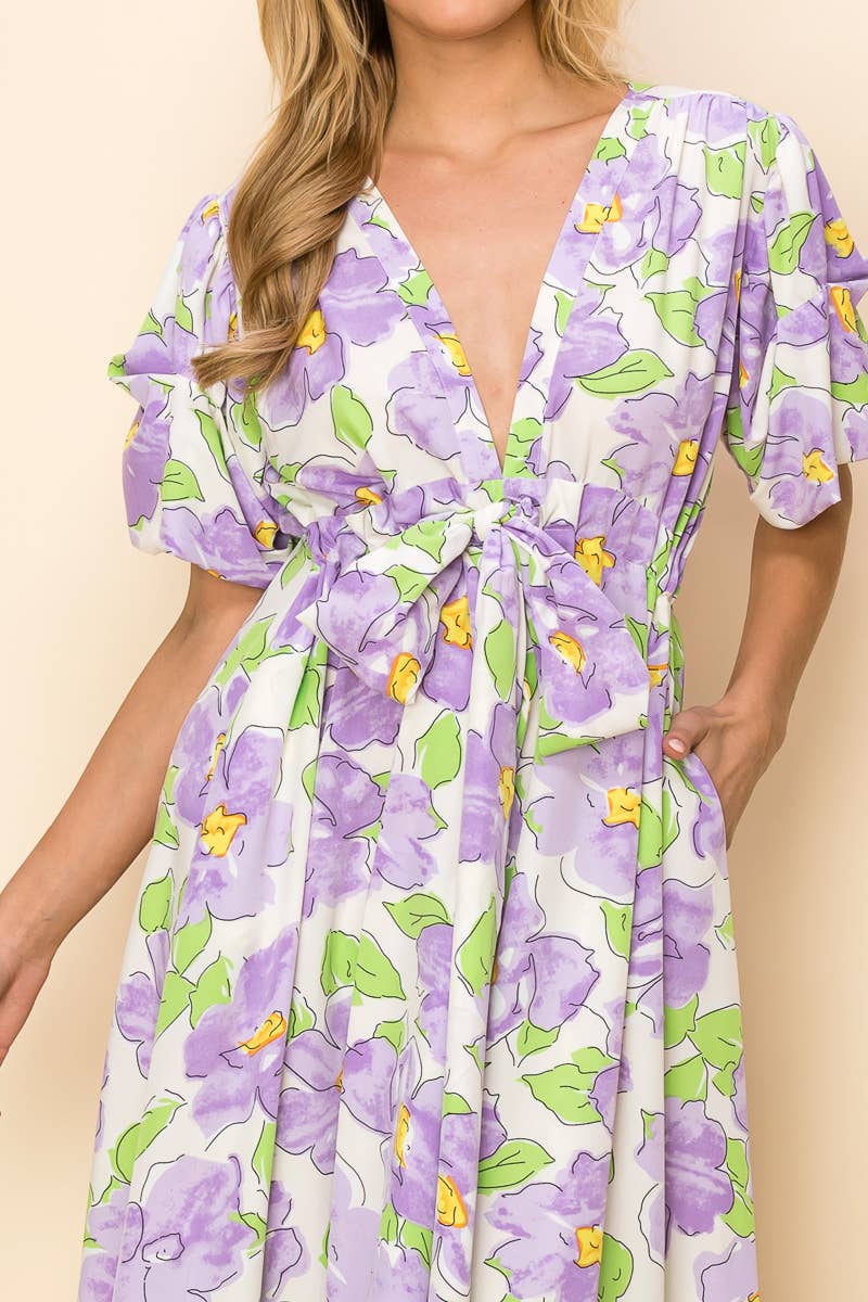 Printed V Neck Maxi Dress - Short Sleeve: PURPLE/LAVENDER
