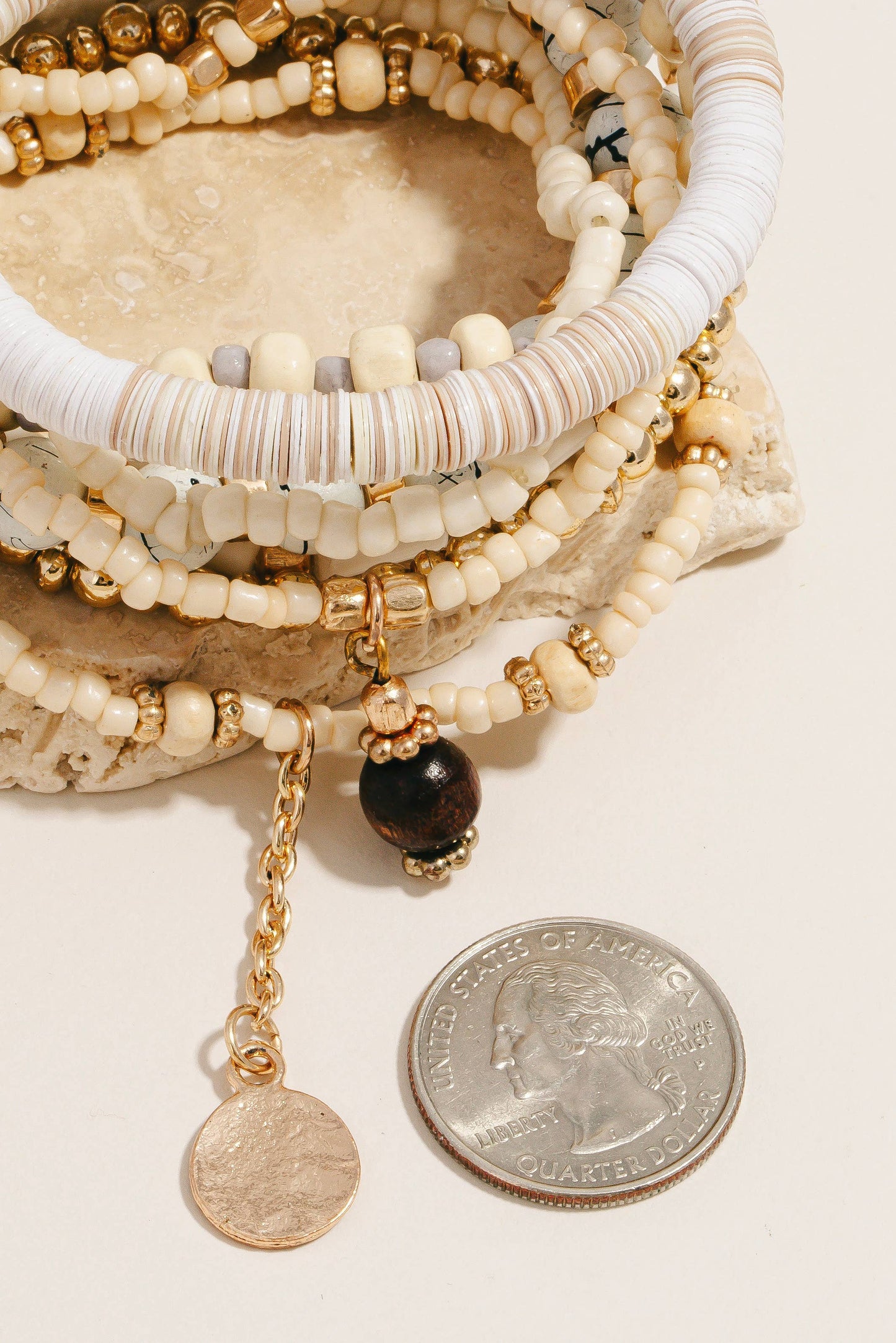 Multi Disc Stone Bead Stretch Bracelet Set: WHITE